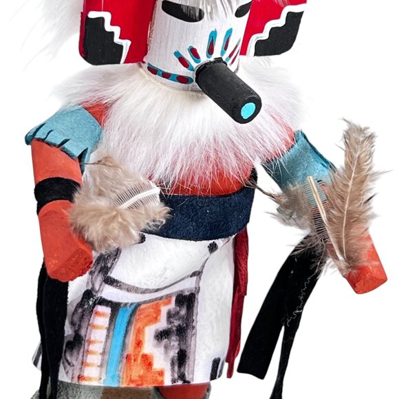 Vtg Native American Hopi Kachina Warrior Doll Signed Feathers Wooden Base - Picture 3 of 12